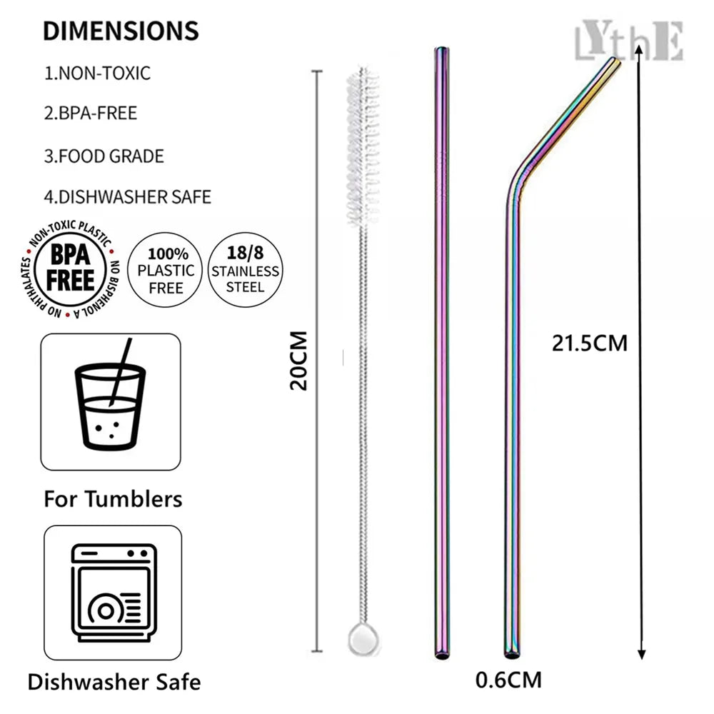 Rainbow Color Reusable Metal Straws Set with Cleaner Brush