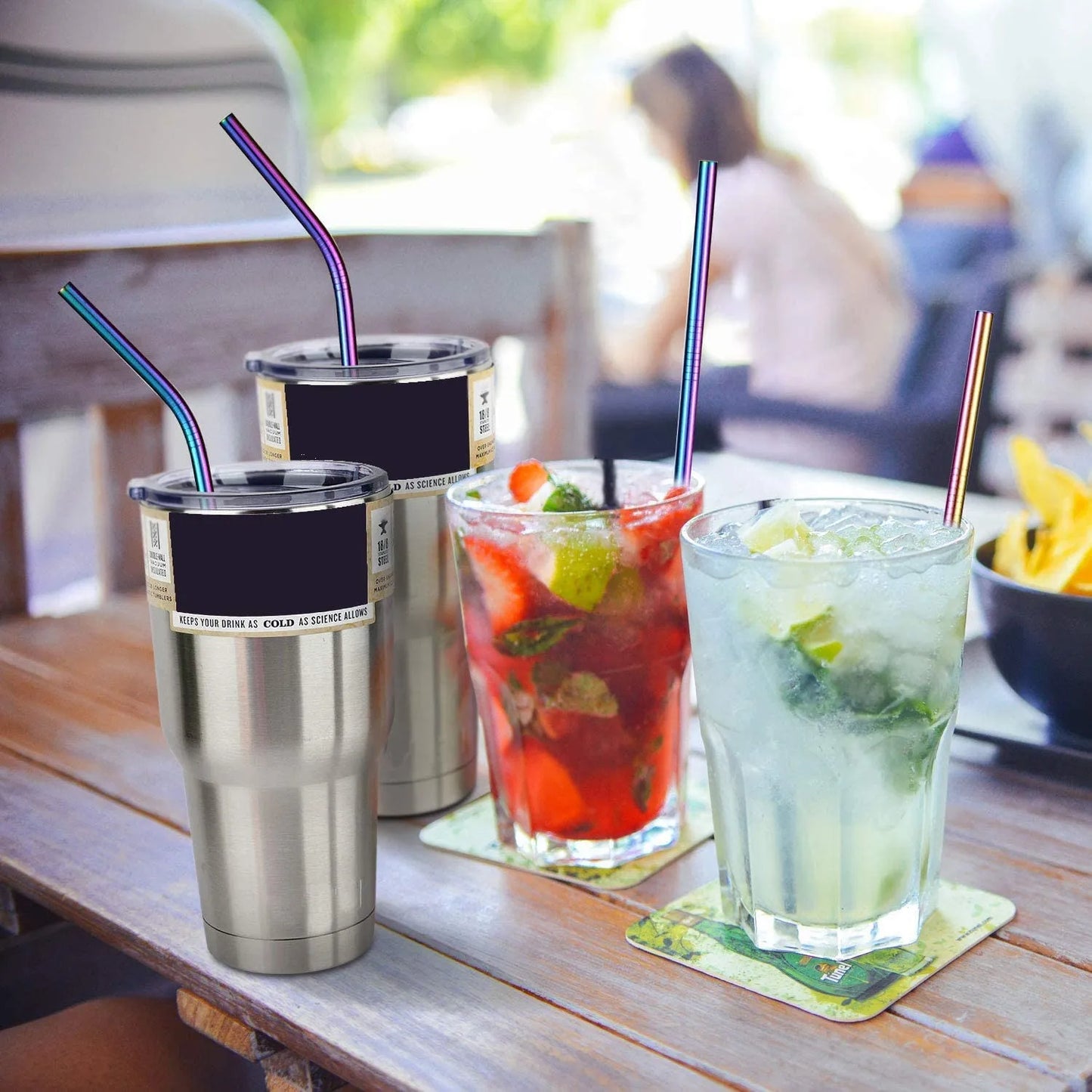 Rainbow Color Reusable Metal Straws Set with Cleaner Brush