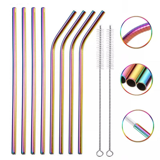 Rainbow Color Reusable Metal Straws Set with Cleaner Brush