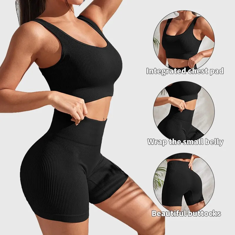 Seamless Ribbed Yoga Sets Workout Sets for Women 2 Pieces