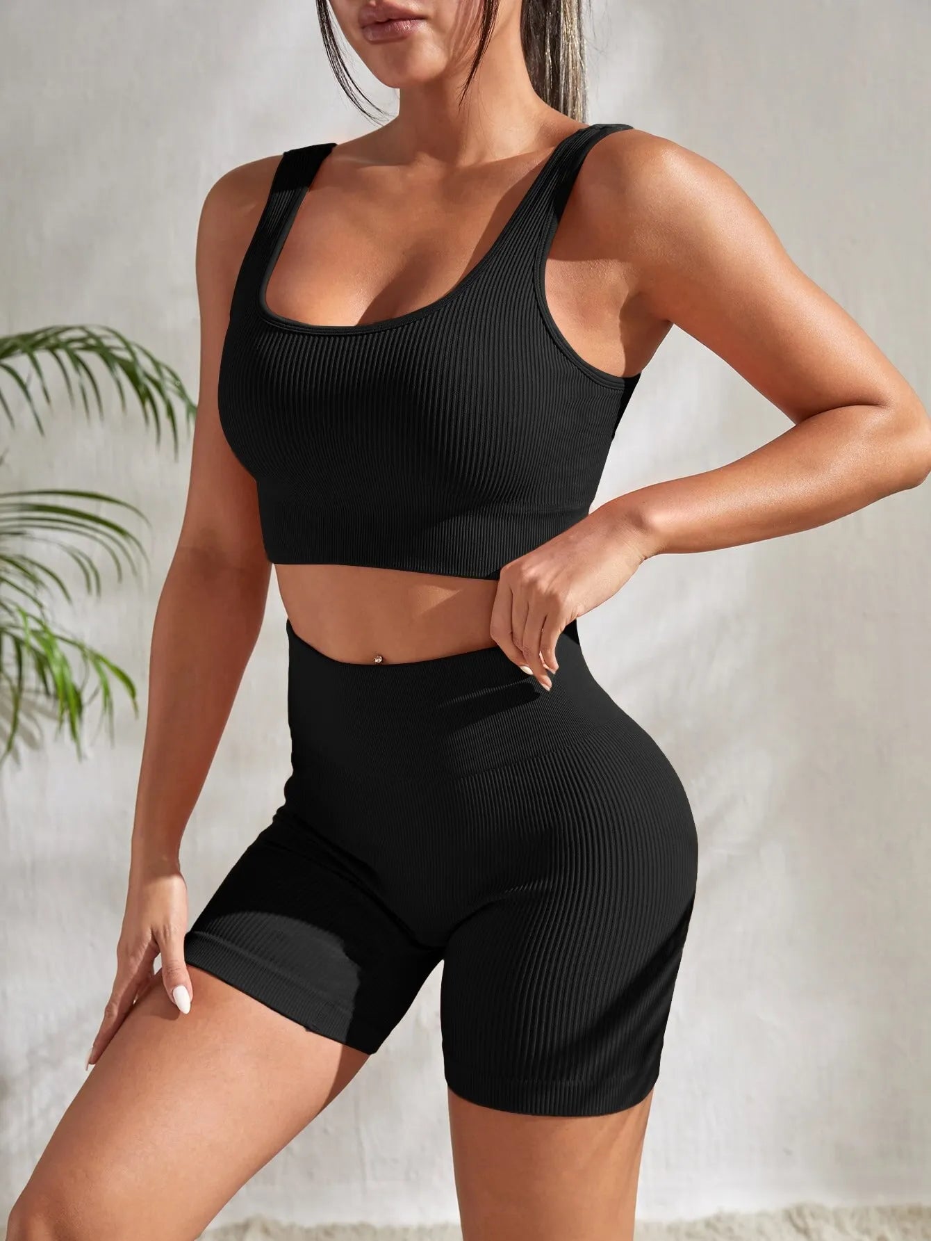 Seamless Ribbed Yoga Sets Workout Sets for Women 2 Pieces