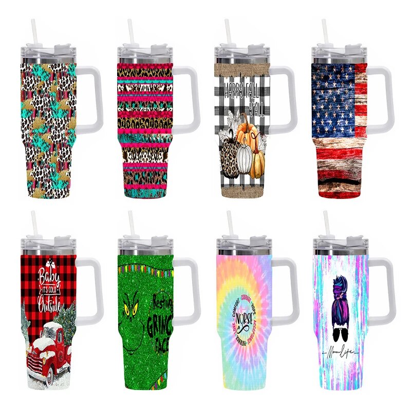 40oz Christmas Couple Thermos with Handle with Straw Lid Stainless Steel Coffee Cup