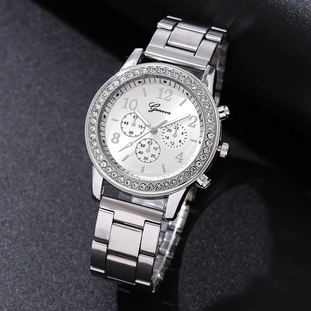 Luxury Watch Women Ring Necklace Earrings Rhinestone Fashion Set