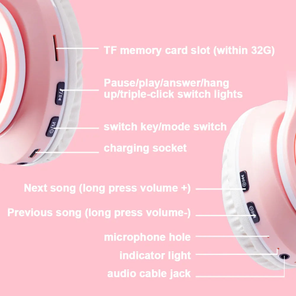 Bluetooth Wireless Headphones Cat Ear Glow Light