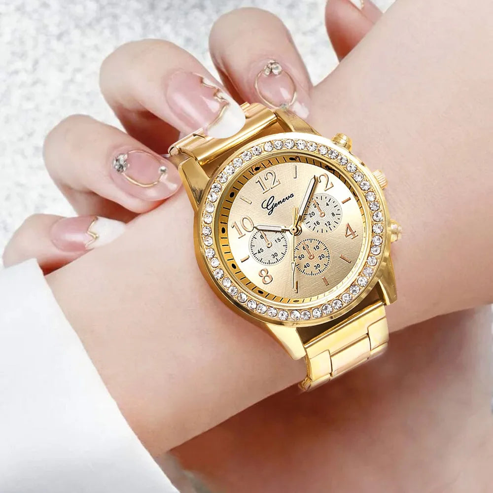 Luxury Watch Women Ring Necklace Earrings Rhinestone Fashion Set