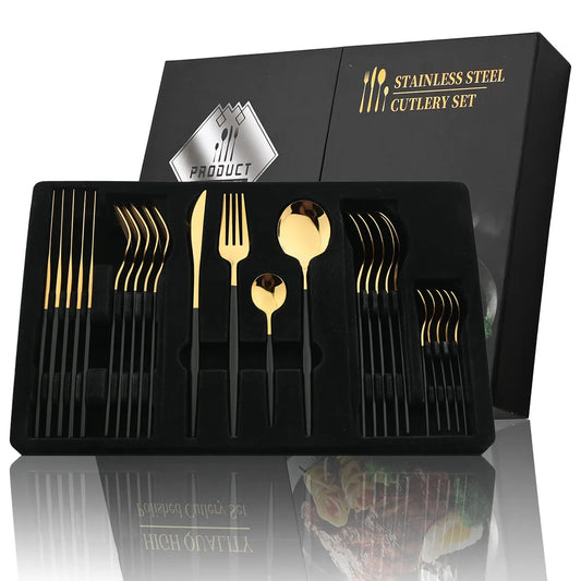 24Pcs Black Handle Golden Cutlery Set Stainless Steel