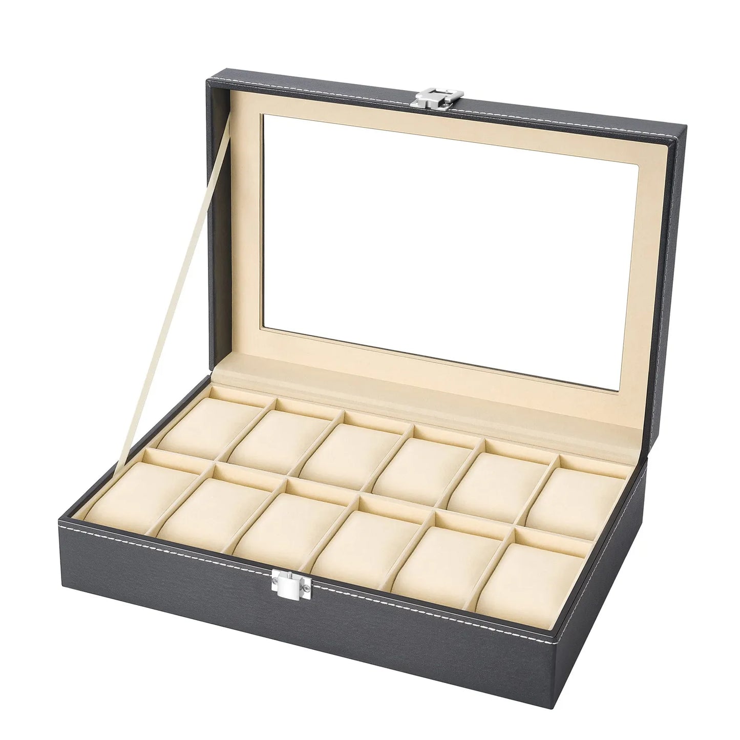 Watch Box, 12-Slot Watch Case with Large Glass Lid