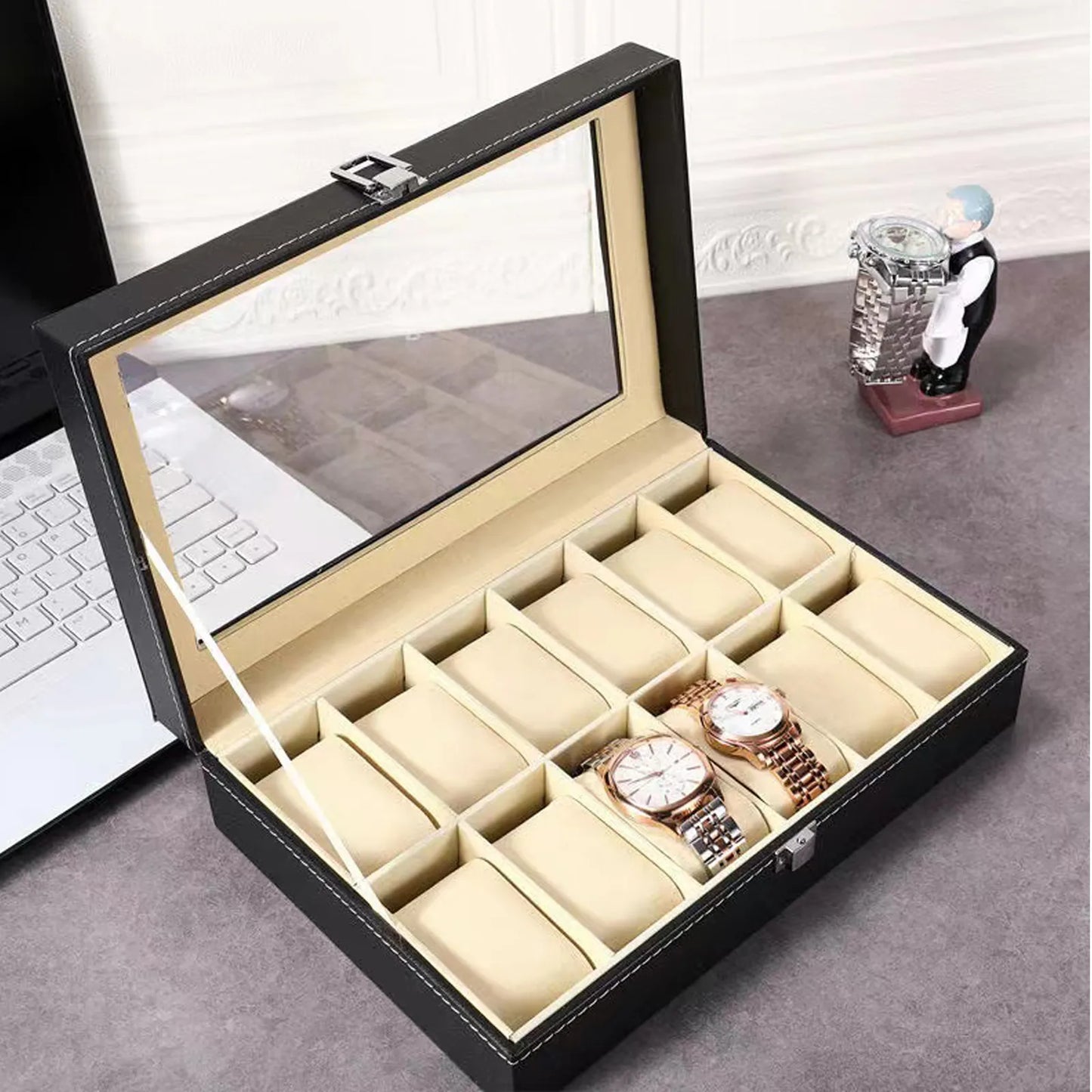 Watch Box, 12-Slot Watch Case with Large Glass Lid