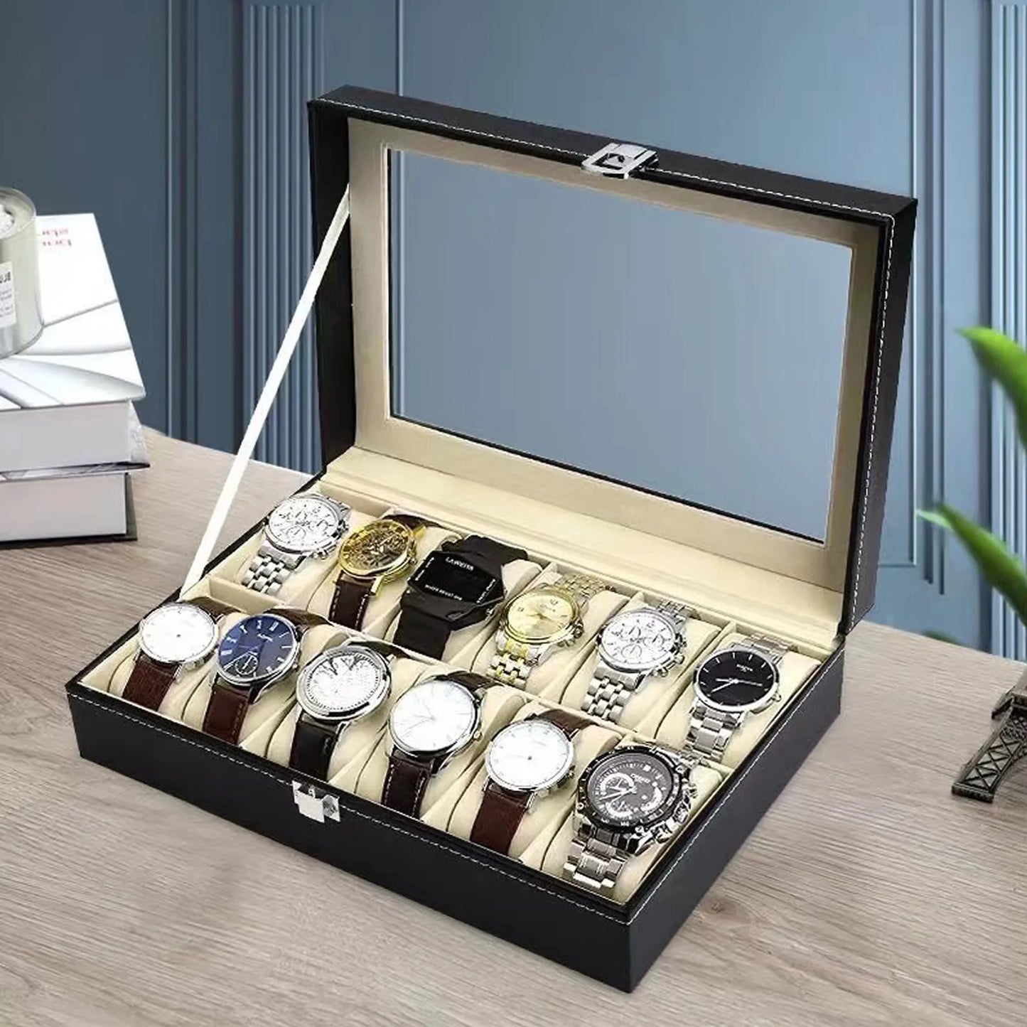 Watch Box, 12-Slot Watch Case with Large Glass Lid