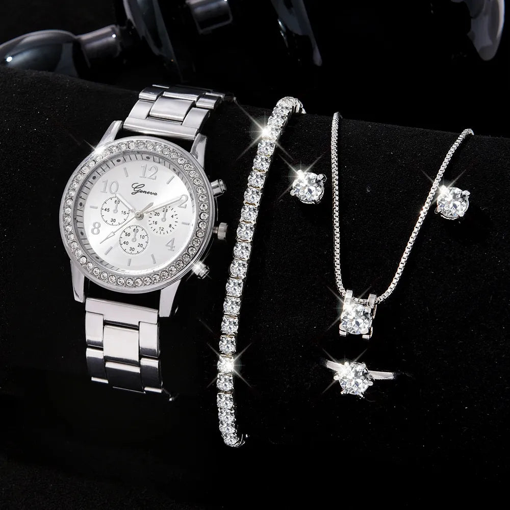 Luxury Watch Women Ring Necklace Earrings Rhinestone Fashion Set