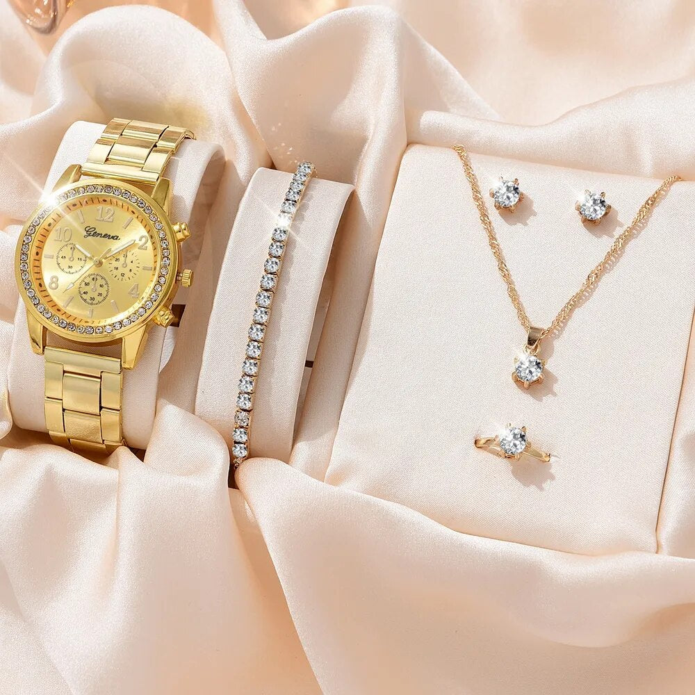 Luxury Watch Women Ring Necklace Earrings Rhinestone Fashion Set