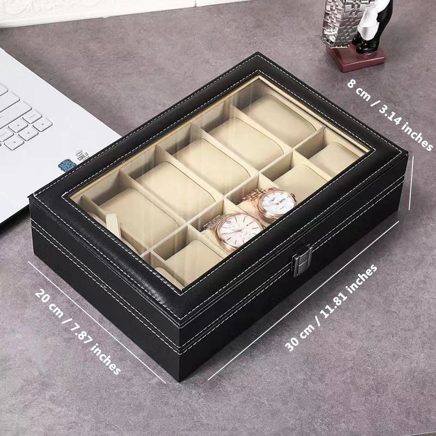 Watch Box, 12-Slot Watch Case with Large Glass Lid